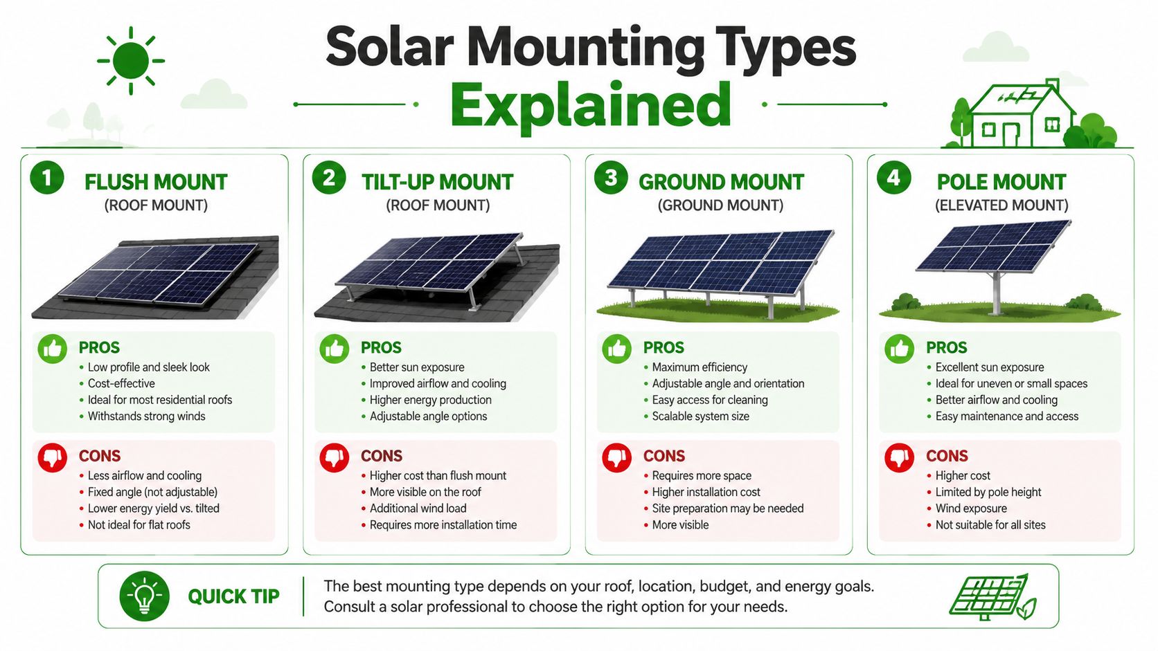 A detailed infographic explaining four types of solar panel mounting: flush, tilt-up, ground, and pole mounts.