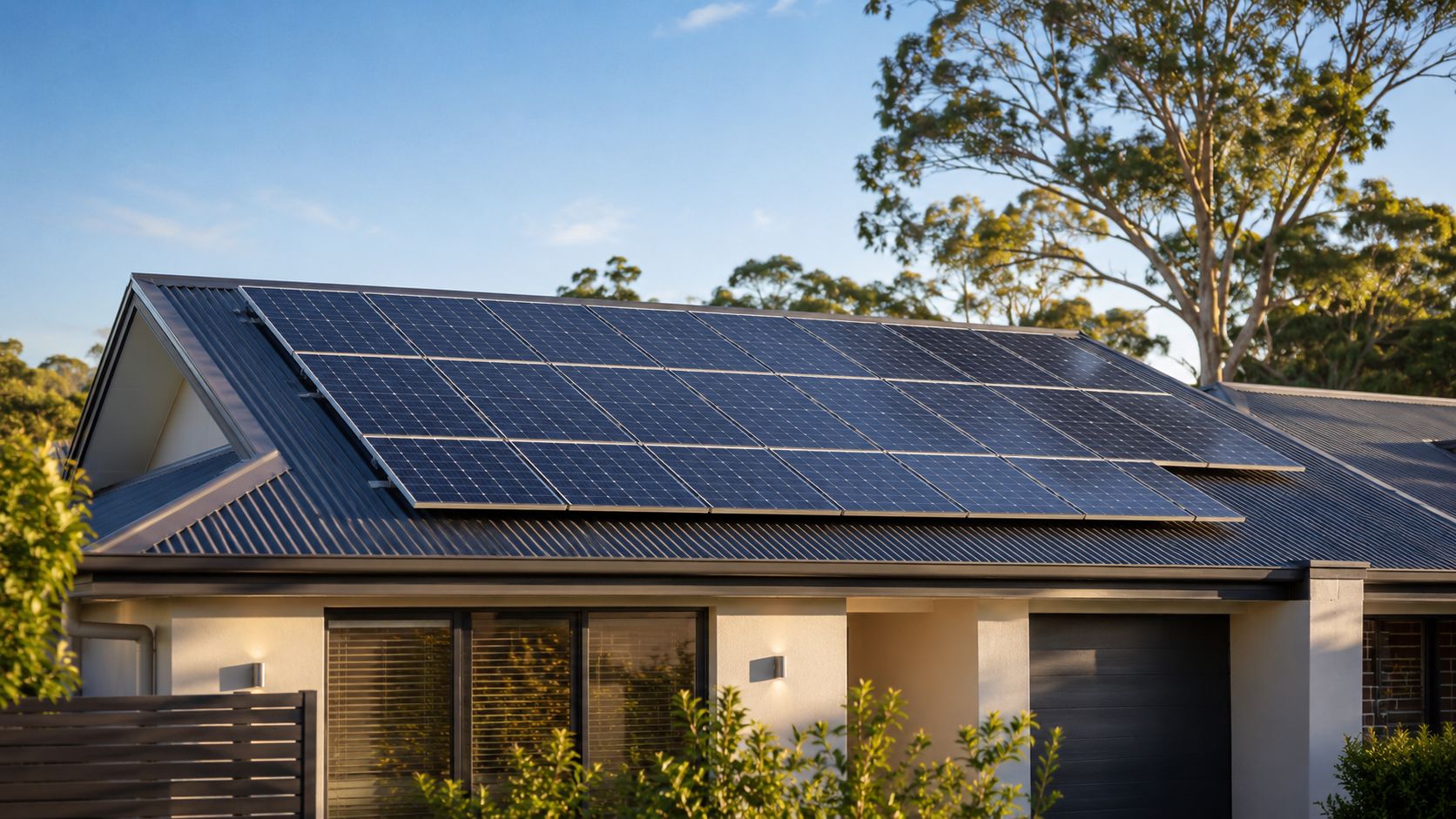 A modern suburban house featuring a large array of solar panels mounted on its corrugated metal roof.