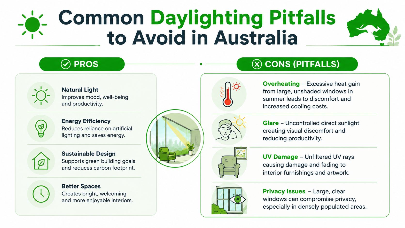 An infographic detailing the pros and common pitfalls of incorporating natural daylighting in Australian building design.