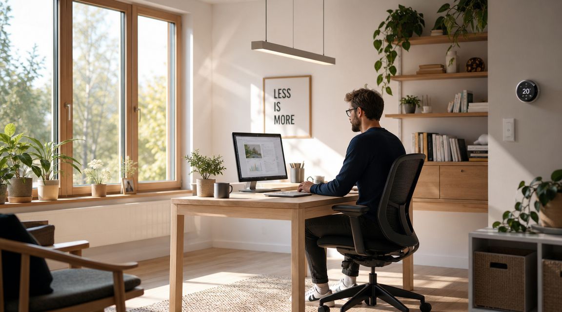 A professional man works at a wooden desk in a home office illuminated by bright natural light.