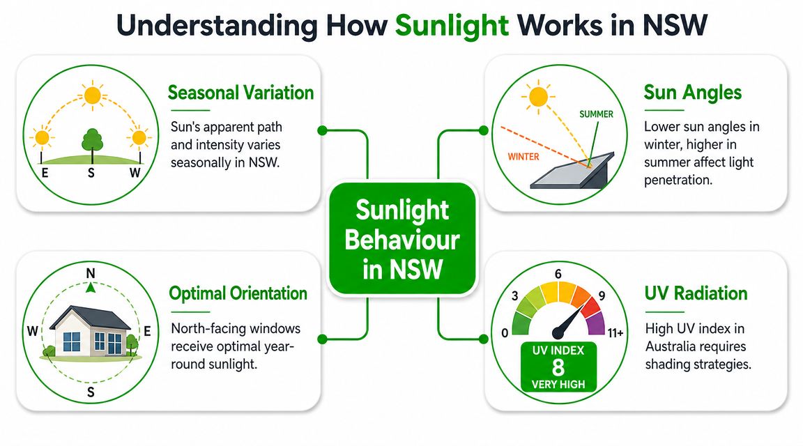 An infographic titled Understanding How Sunlight Works in NSW, detailing seasonal variation, sun angles, orientation, and UV radiation.
