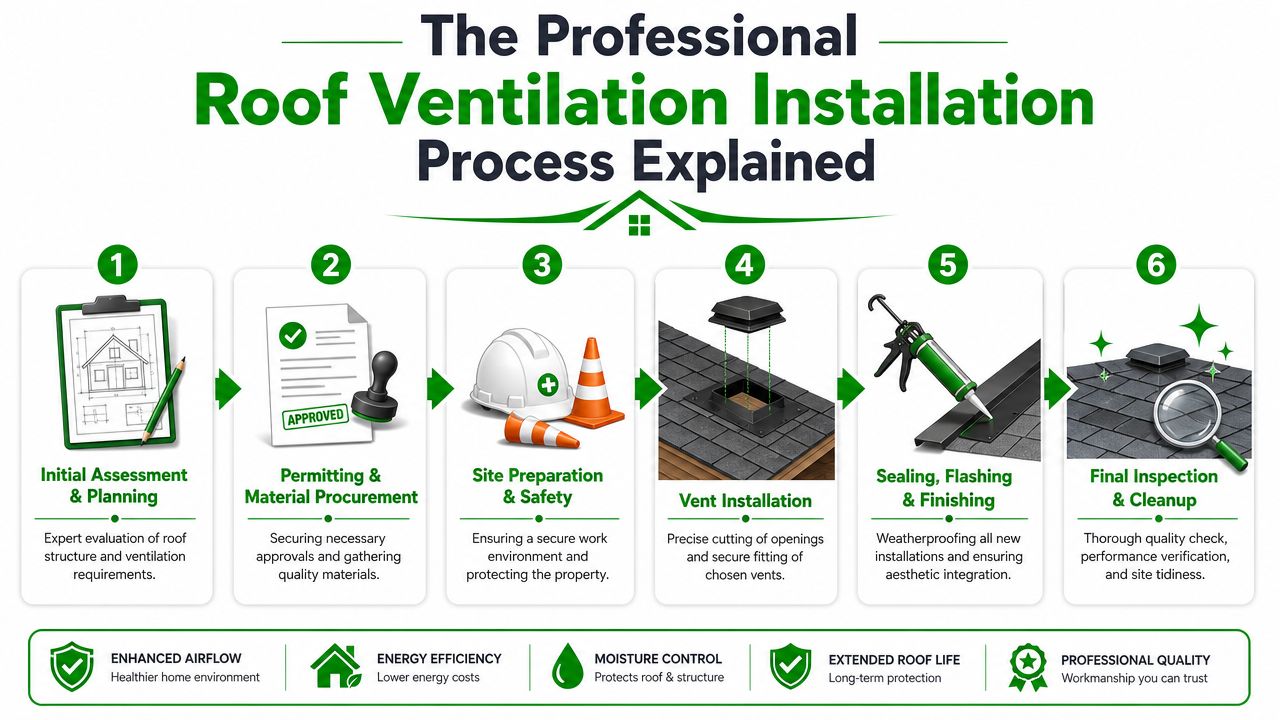 A professional infographic illustrating the six-step process for installing effective roof ventilation for a home.