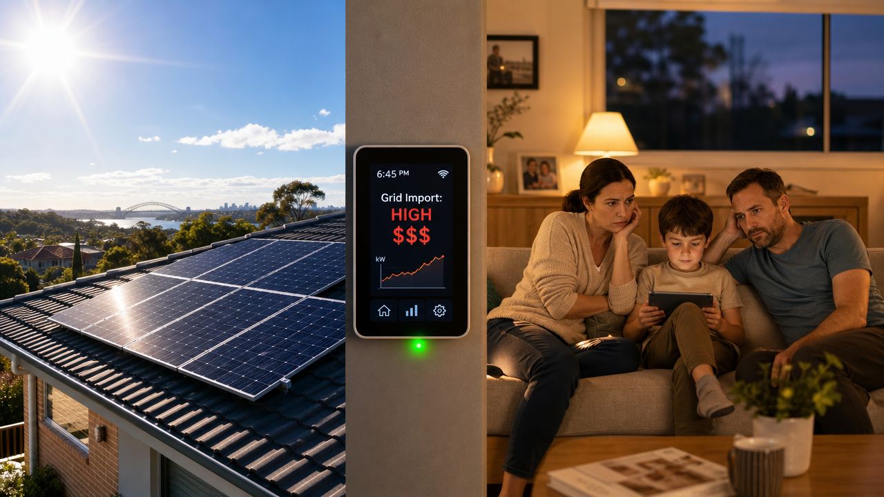 A family looks worried in their living room while their energy monitor shows high grid import costs.