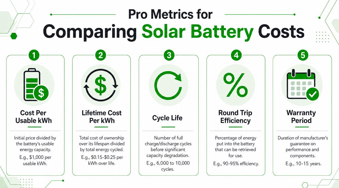 An infographic showing five key metrics for comparing the cost and performance of solar battery storage systems.