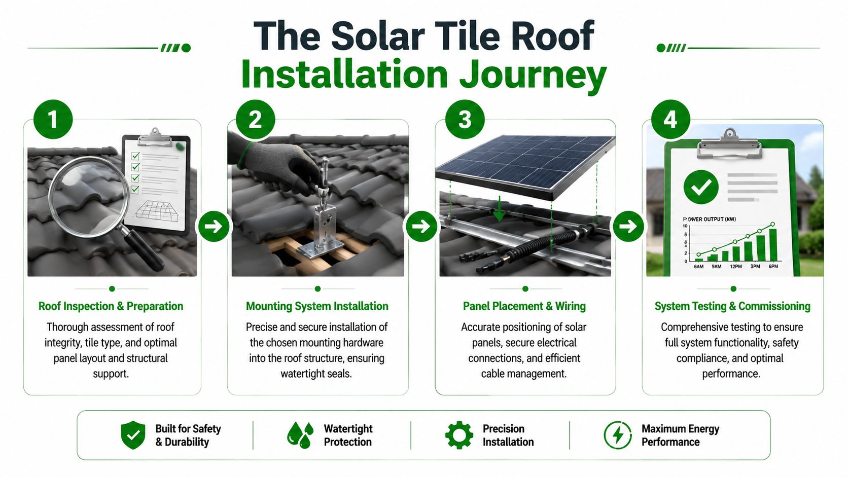 An infographic detailing the four-step installation journey for solar panels on a traditional tile roof.