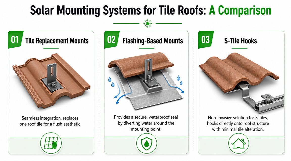 A comparative graphic explaining three common types of solar panel mounting systems for residential tile roofs.