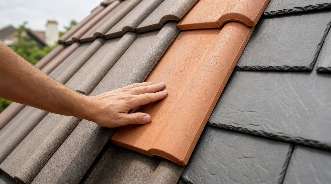 A close-up view of a hand touching a terracotta roof tile installed between dark roof shingles.