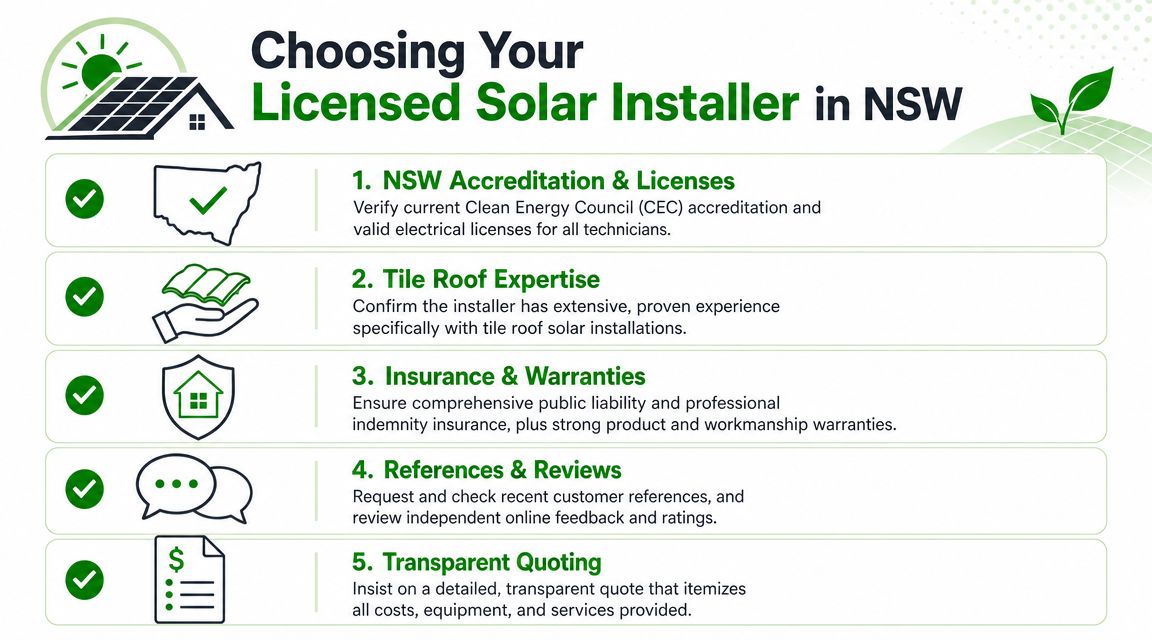An infographic titled Choosing Your Licensed Solar Installer in NSW listing five essential tips for selection.
