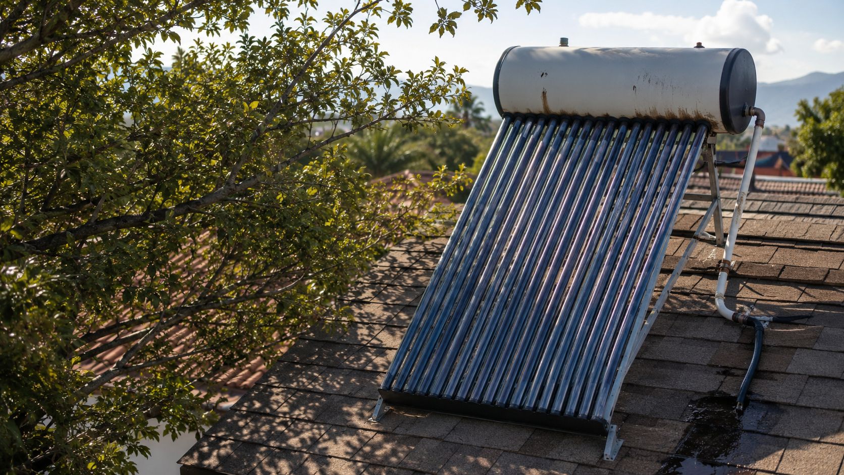 A solar hot water system with vacuum tubes installed on a residential shingle roof under sunlight.