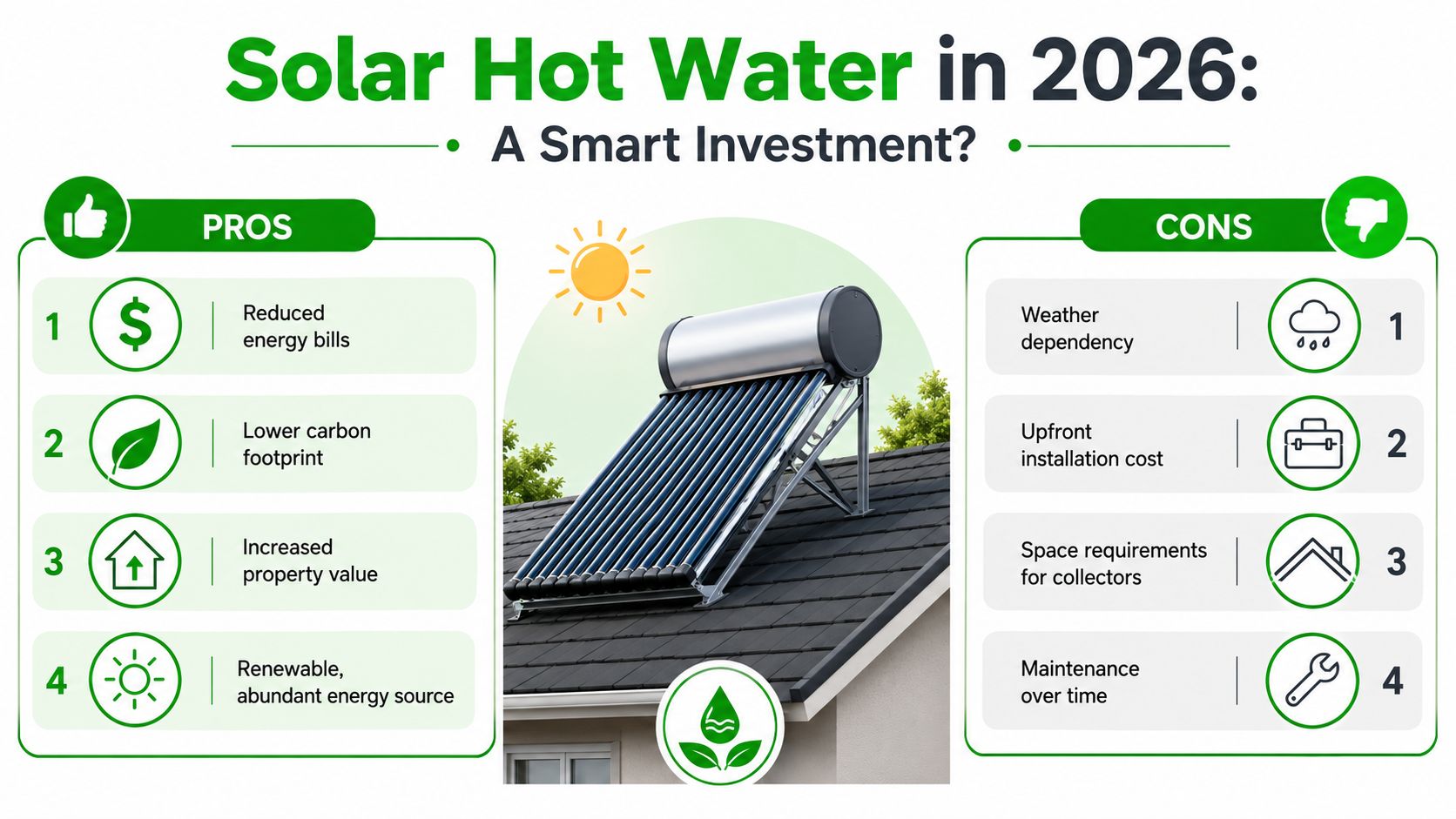 An infographic comparing the pros and cons of installing a residential solar hot water system in 2026.