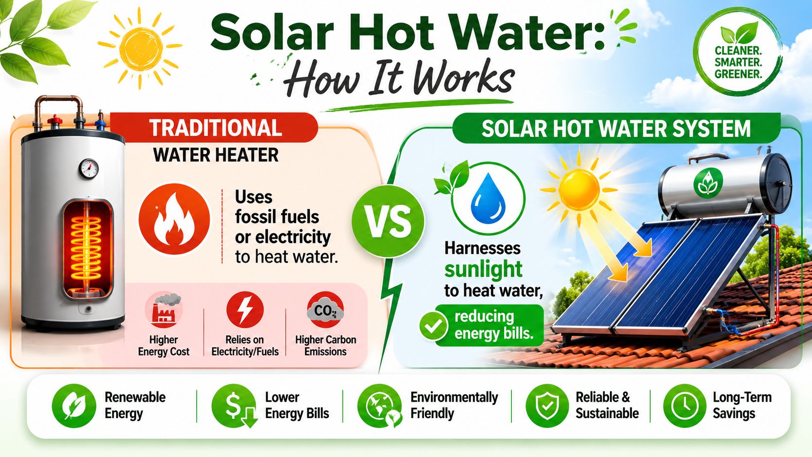 An infographic comparing traditional water heaters with solar hot water systems and their environmental benefits.