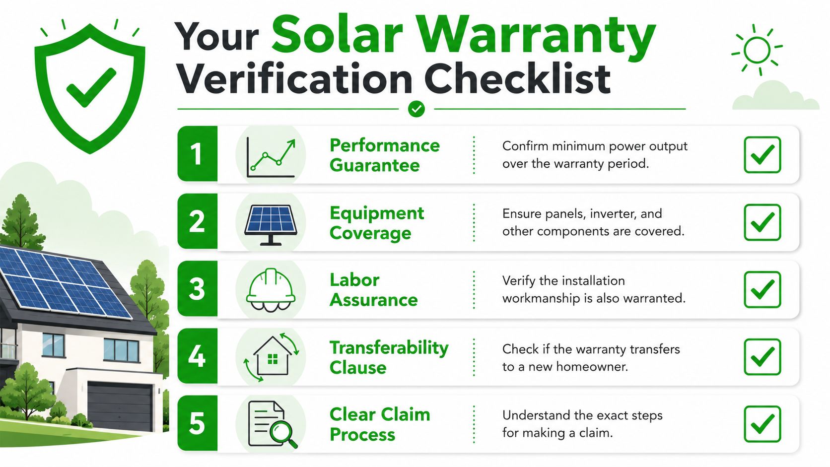 A checklist infographic titled Your Solar Warranty Verification Checklist, outlining five key steps for reviewing solar coverage.
