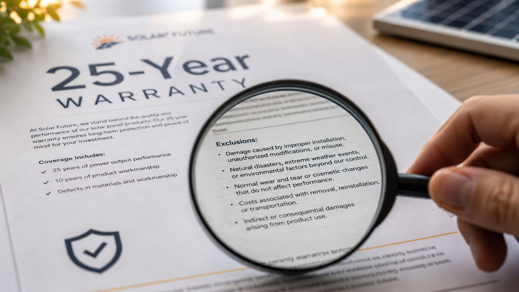 A magnifying glass held over a solar panel warranty document highlighting the exclusions section.