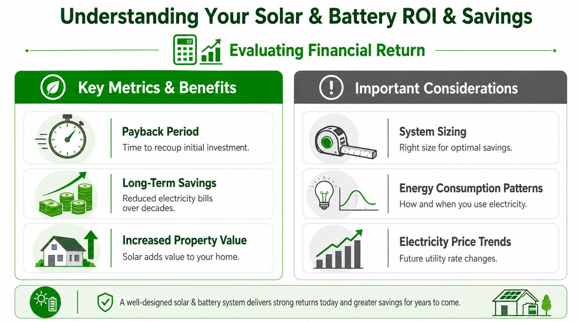 An infographic titled Understanding Your Solar and Battery ROI and Savings, highlighting key financial metrics and considerations.