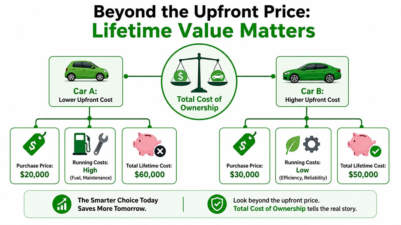 A comparison infographic showing how a higher-priced car can result in lower lifetime ownership costs.