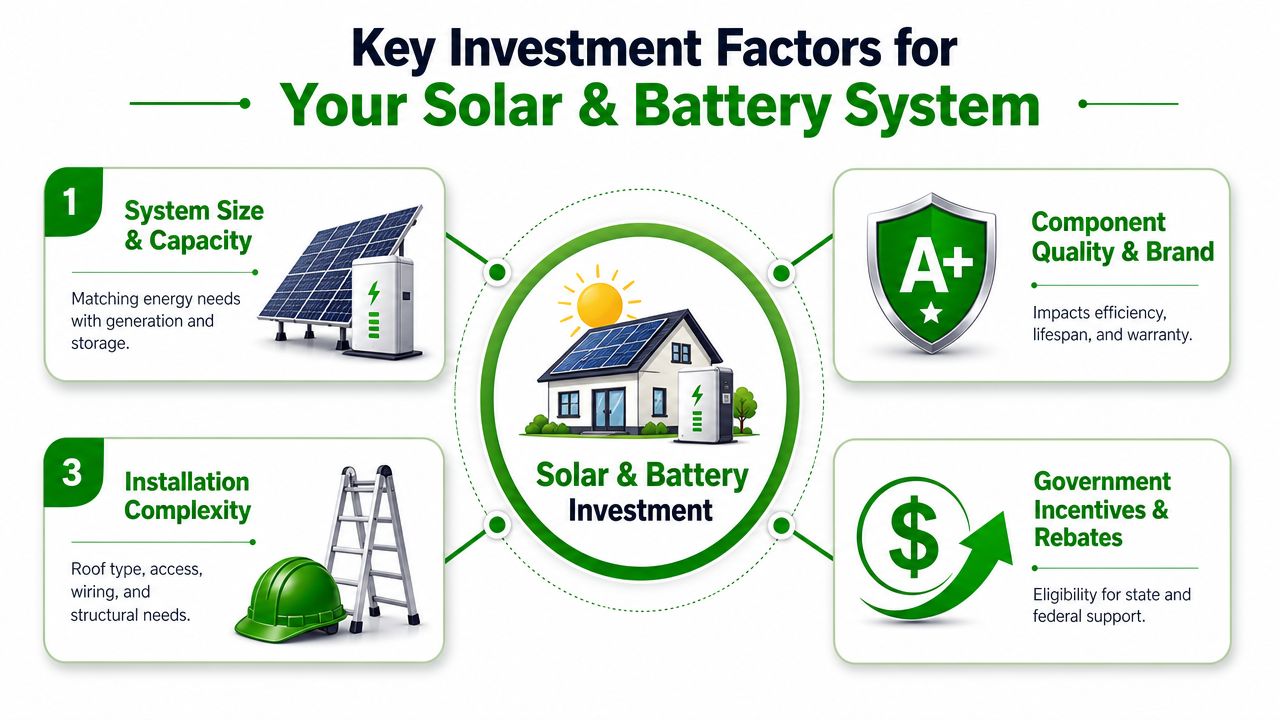 An infographic detailing four essential investment factors for homeowners considering a solar and battery system installation.