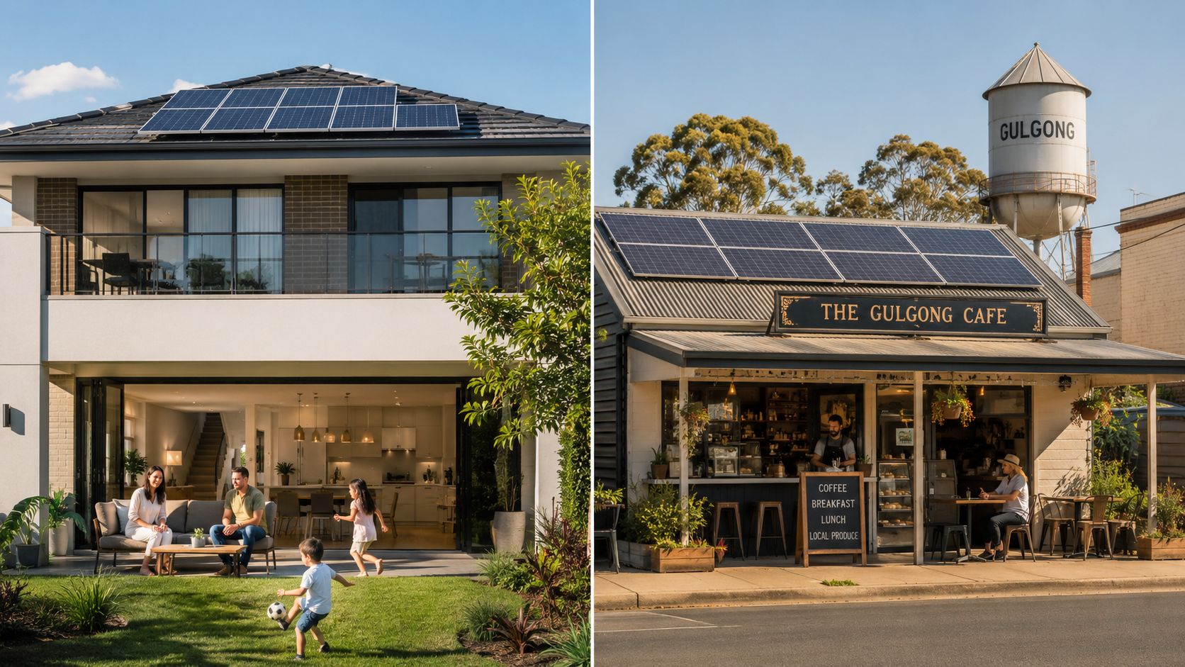 A split-screen view showing a modern family home with solar panels and a local cafe with rooftop solar.