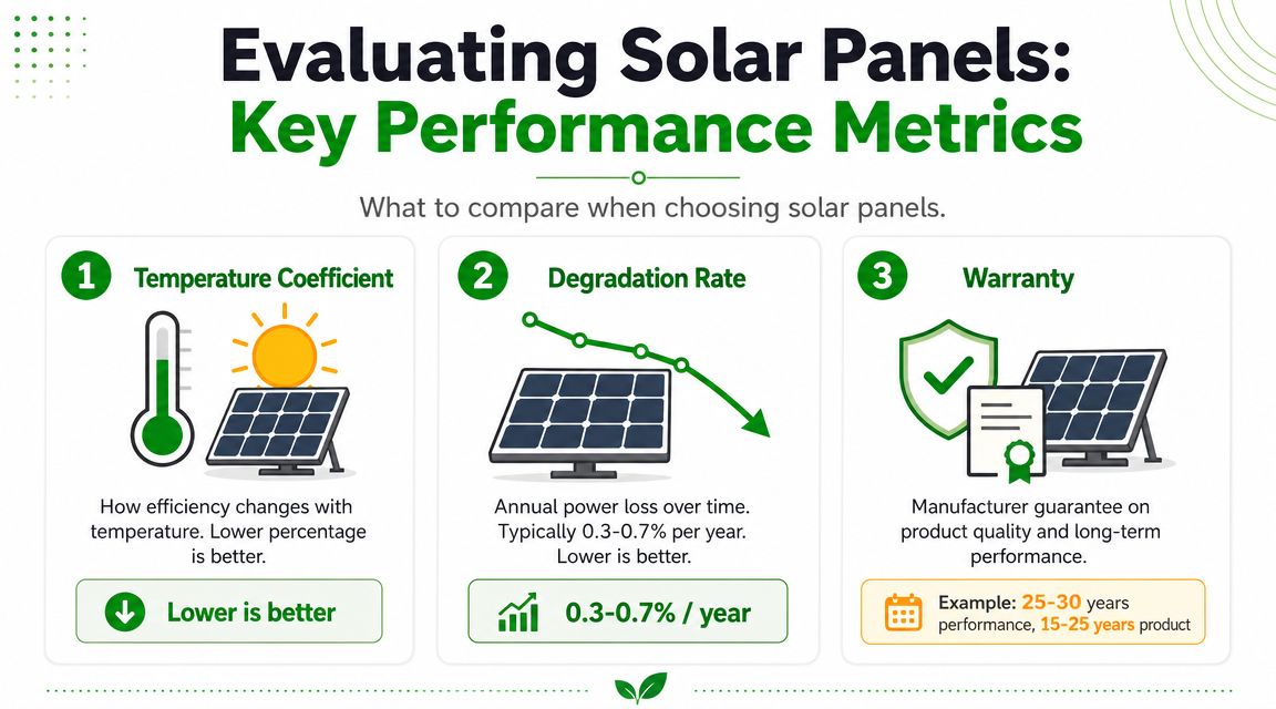 An infographic showing three key performance metrics for evaluating solar panels: temperature coefficient, degradation rate, and warranty.