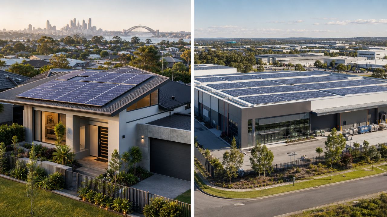 A split image comparing residential rooftop solar panels against large-scale industrial commercial solar panel installations.