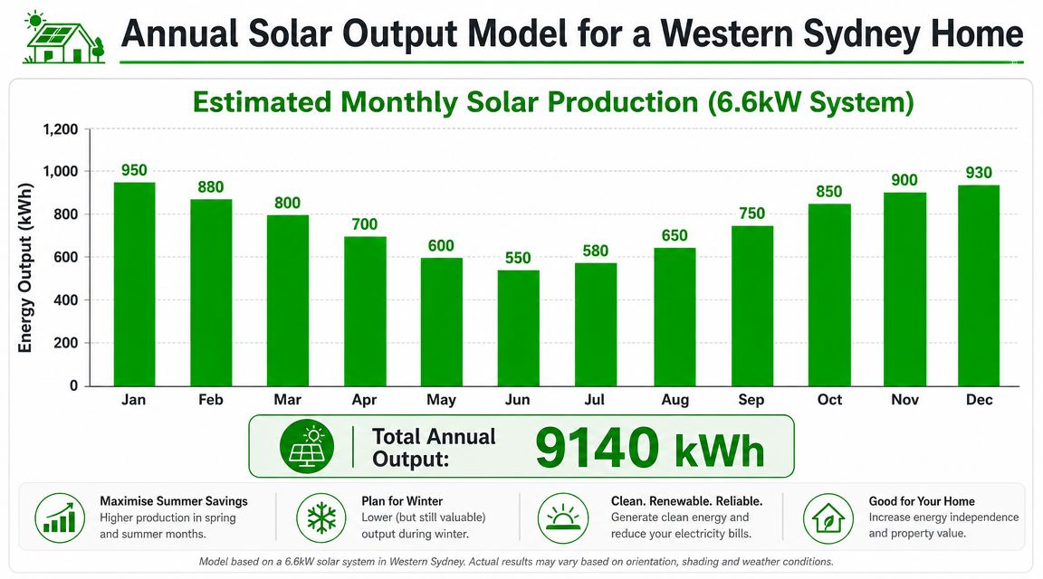 A bar chart showing estimated monthly solar power production for a 6.6kW system in Western Sydney.