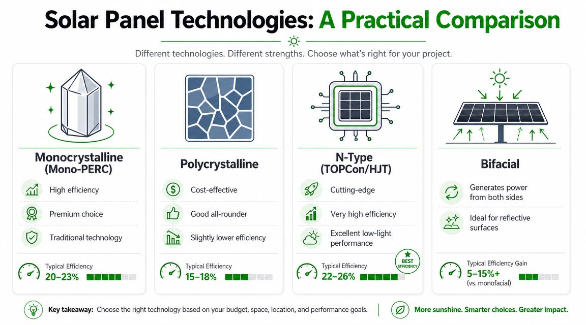 A comparison chart highlighting the efficiency and characteristics of Monocrystalline, Polycrystalline, N-Type, and Bifacial solar panel technologies.