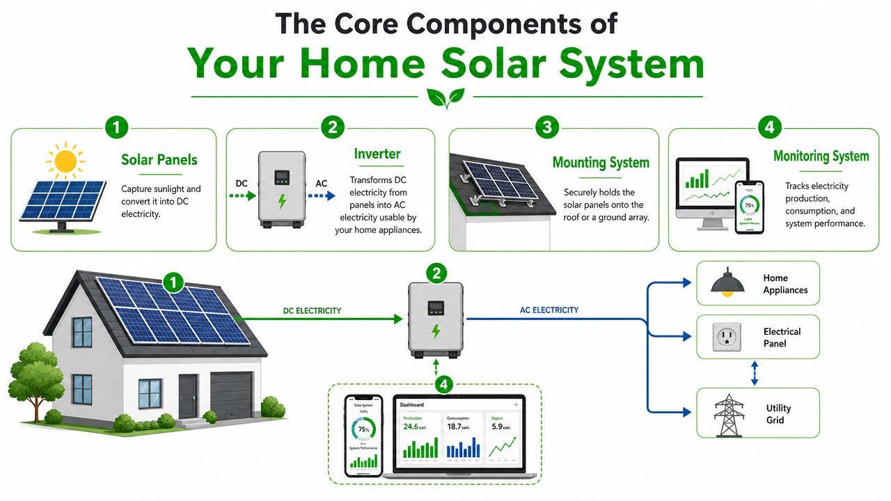 A diagram illustrating the four core components of a residential solar energy system and how they function.