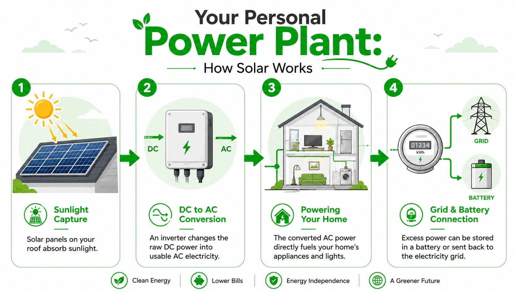 An infographic showing the four steps of how solar power works to provide electricity to a home.