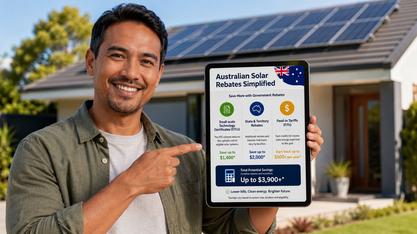 A man smiling and pointing at a tablet displaying information about Australian solar energy government rebates.