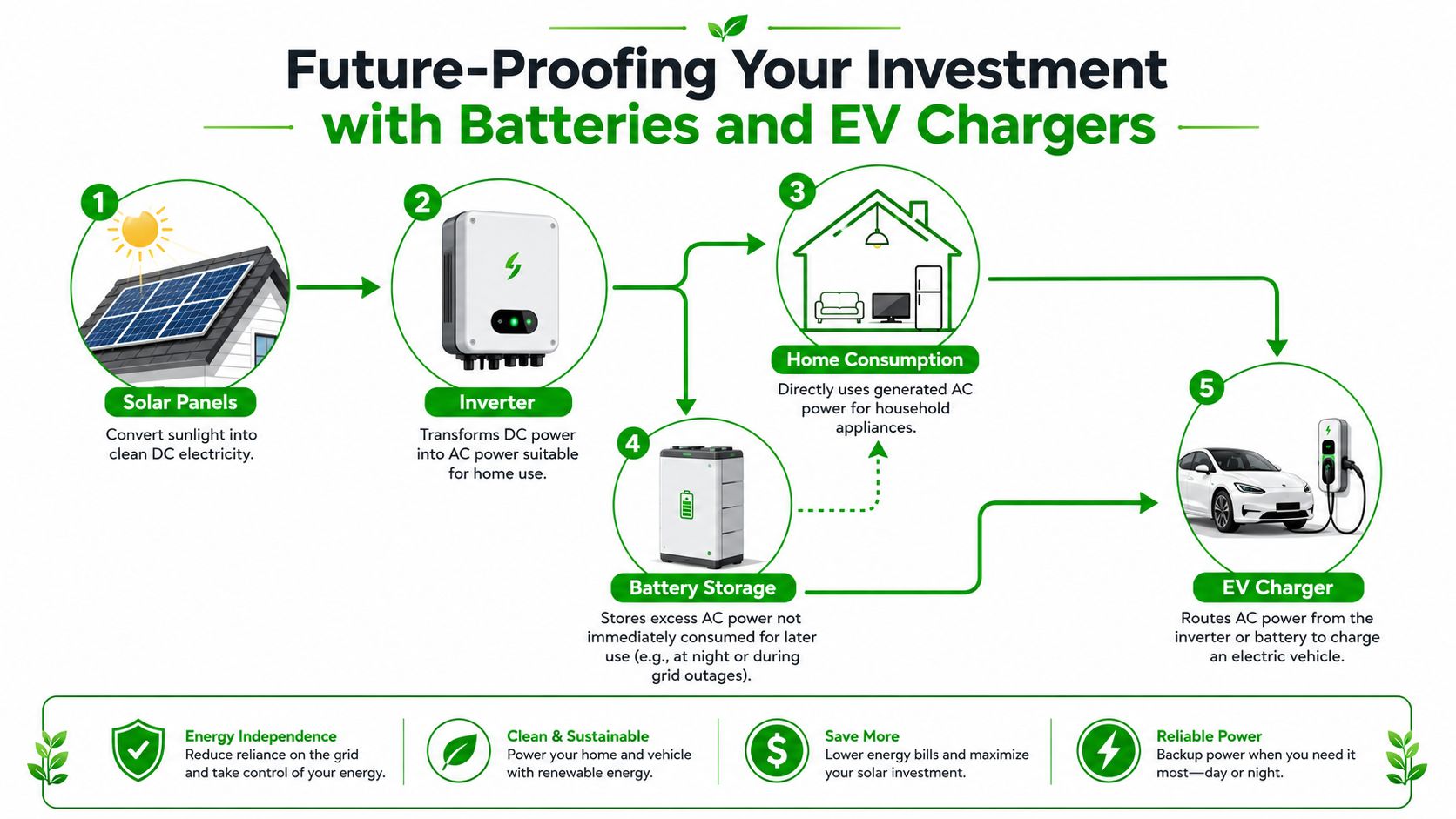 A diagram illustrating how solar panels, inverters, battery storage, and EV chargers work together for homes.