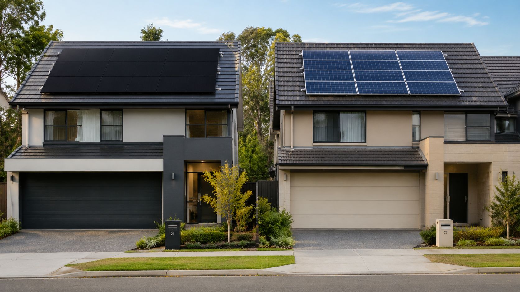 Two modern suburban houses side by side, each featuring installed rooftop solar power panels on the tiles.