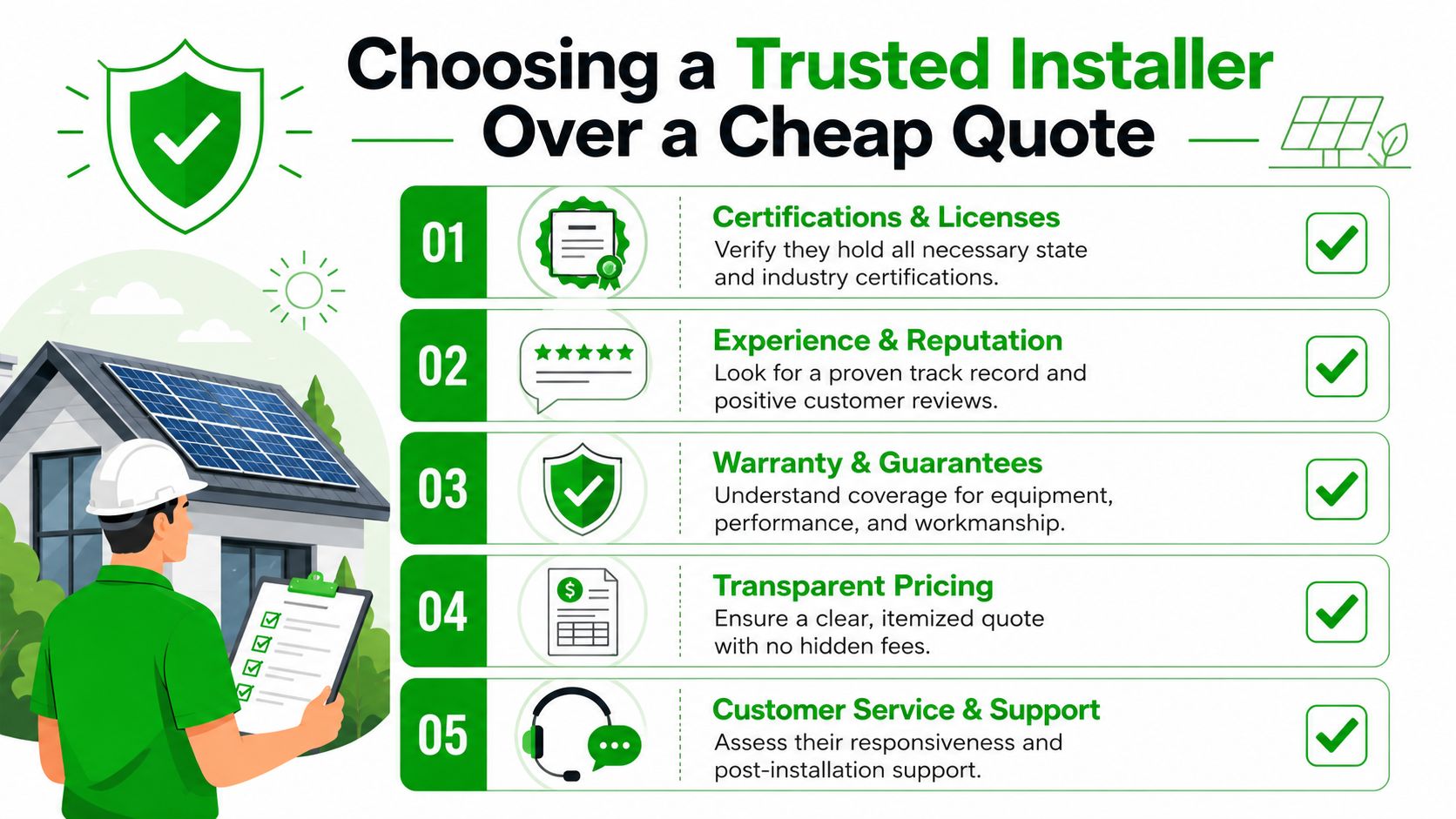 An infographic illustrating five key factors for choosing a trusted solar power installer over the cheapest quote.
