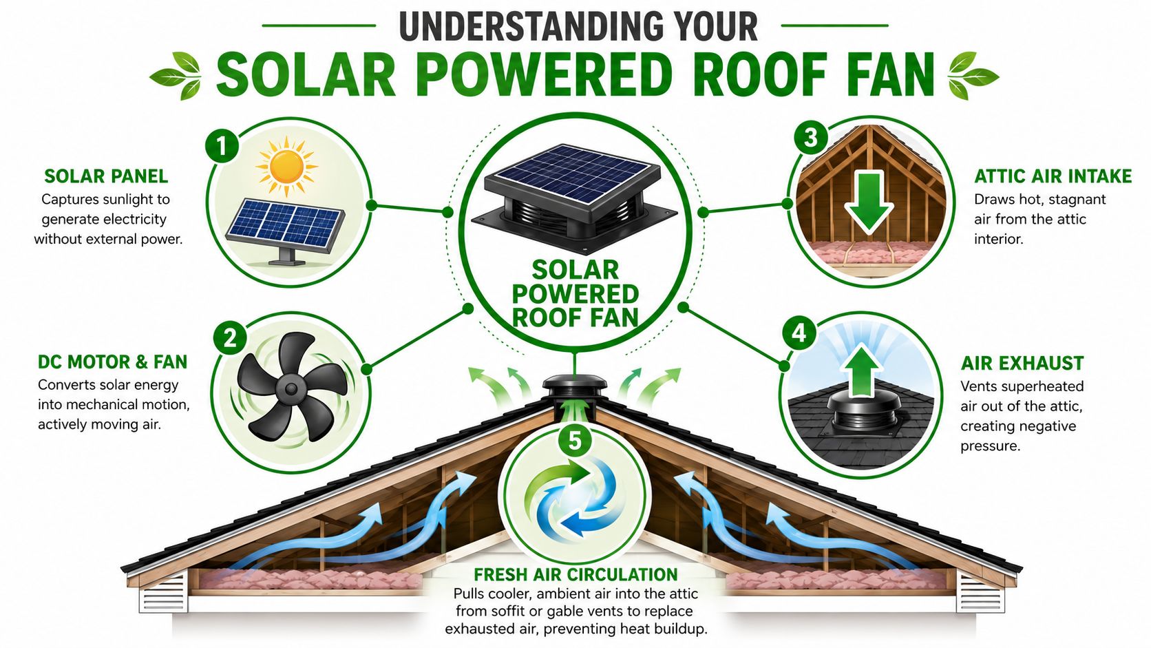 An infographic illustrating how a solar powered roof fan works to ventilate an attic space effectively.