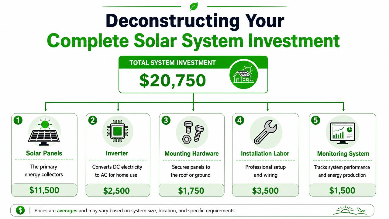 A diagram breaking down the total cost of a twenty thousand dollar residential solar panel system investment.