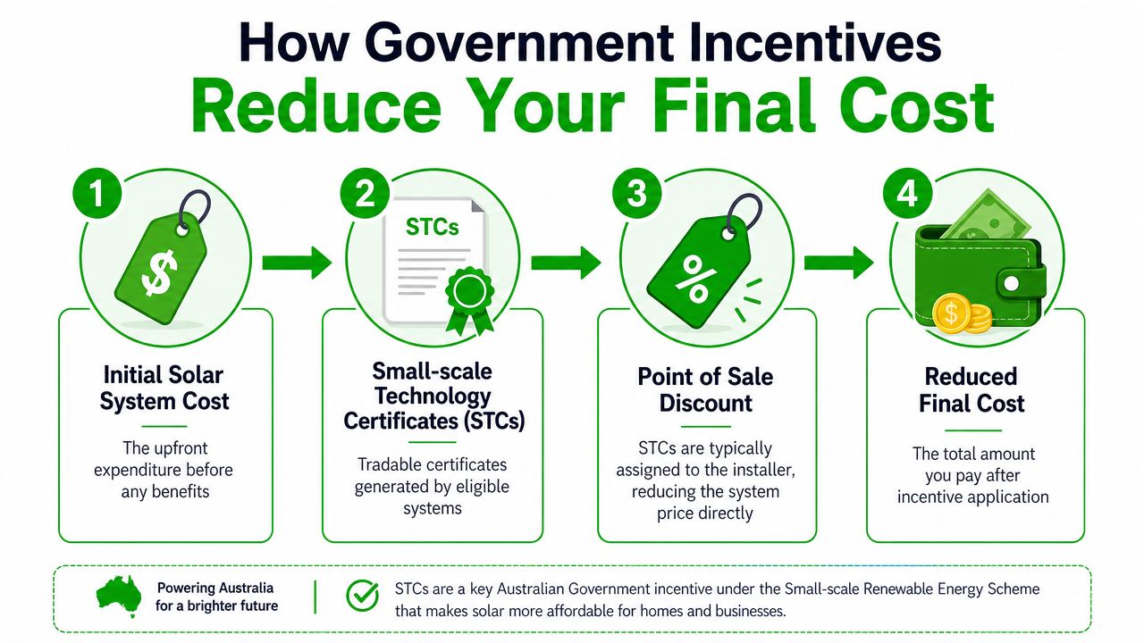 A four-step infographic explaining how Australian government incentives like STCs reduce the final cost of solar systems.
