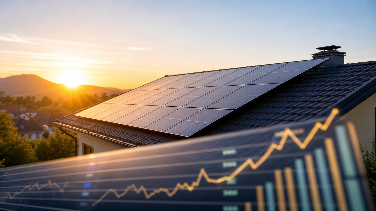 A house rooftop with solar panels under a golden sunset sky overlaid with financial data charts.