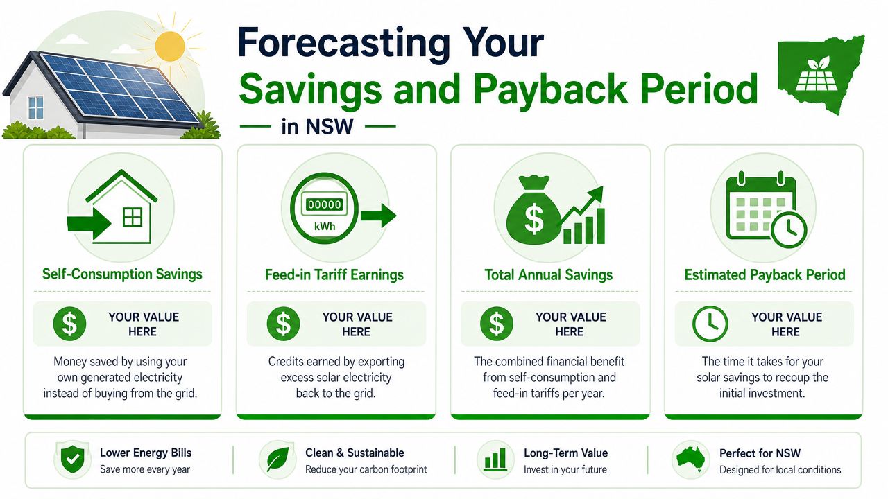 An infographic illustrating how to calculate savings and the payback period for solar panel systems in NSW.