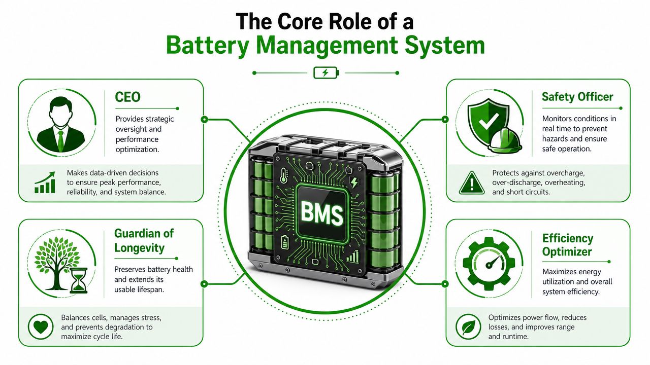 An infographic illustrating the four core roles of a battery management system for enhanced performance and safety.