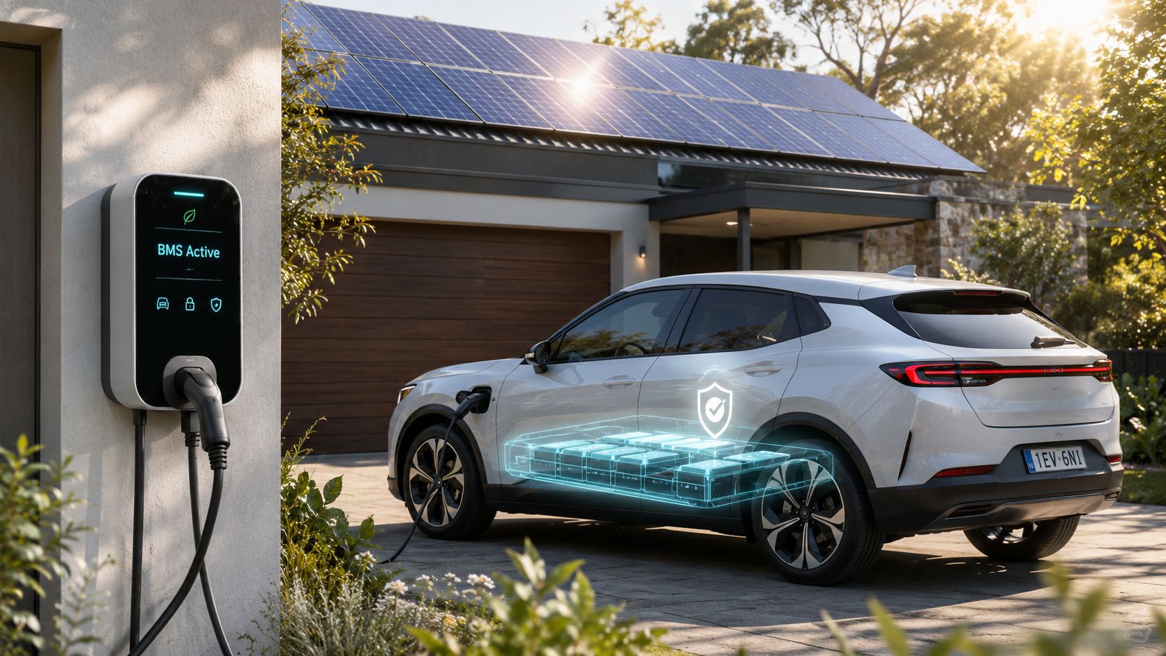 A modern electric vehicle charging at home with a visible BMS active dashboard and battery management visualization.