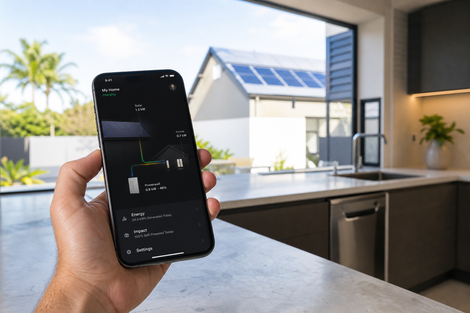 Tesla app showing Powerwall energy dashboard for Sydney homeowner