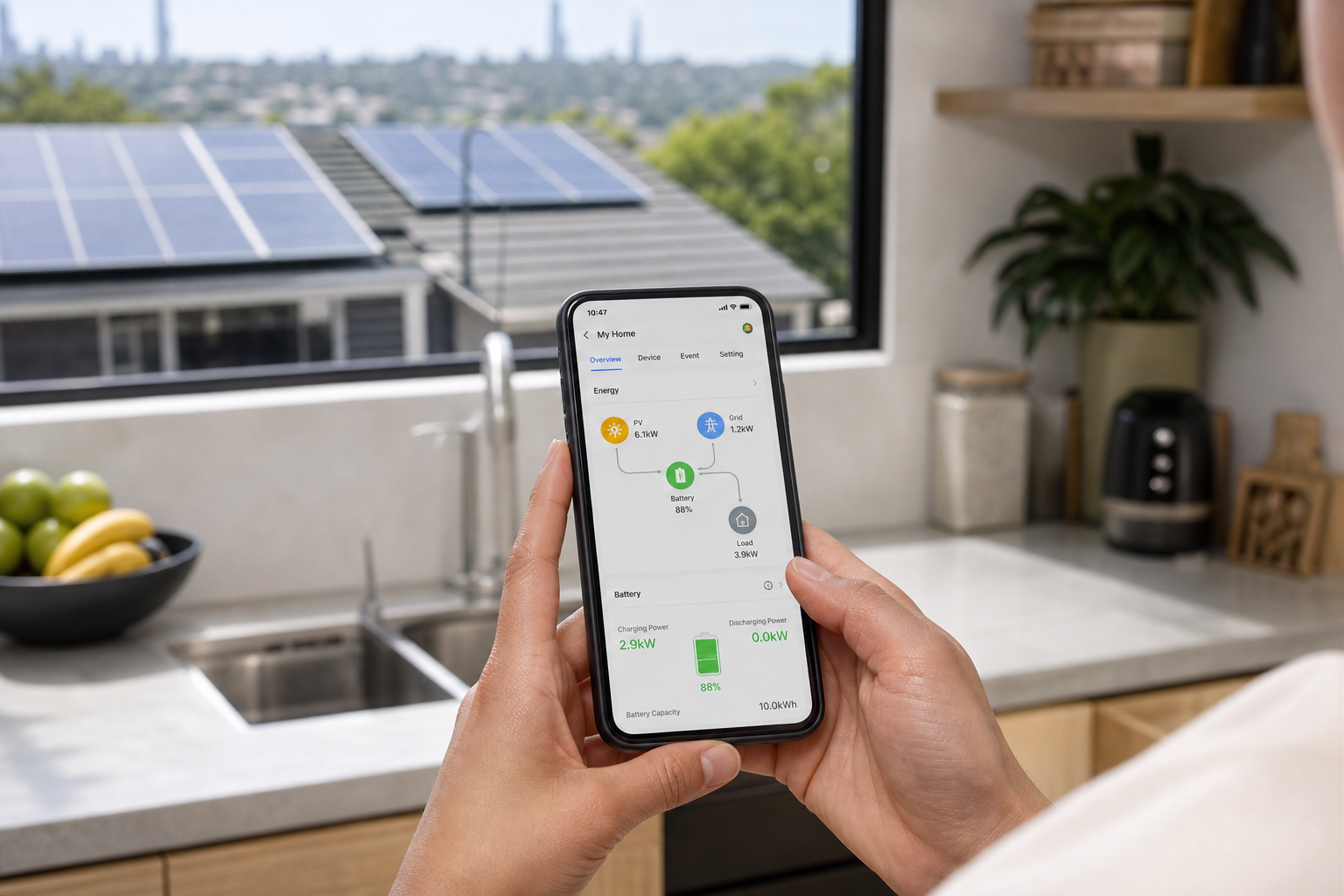 Homeowner monitoring solar battery storage system on smartphone app in Sydney home