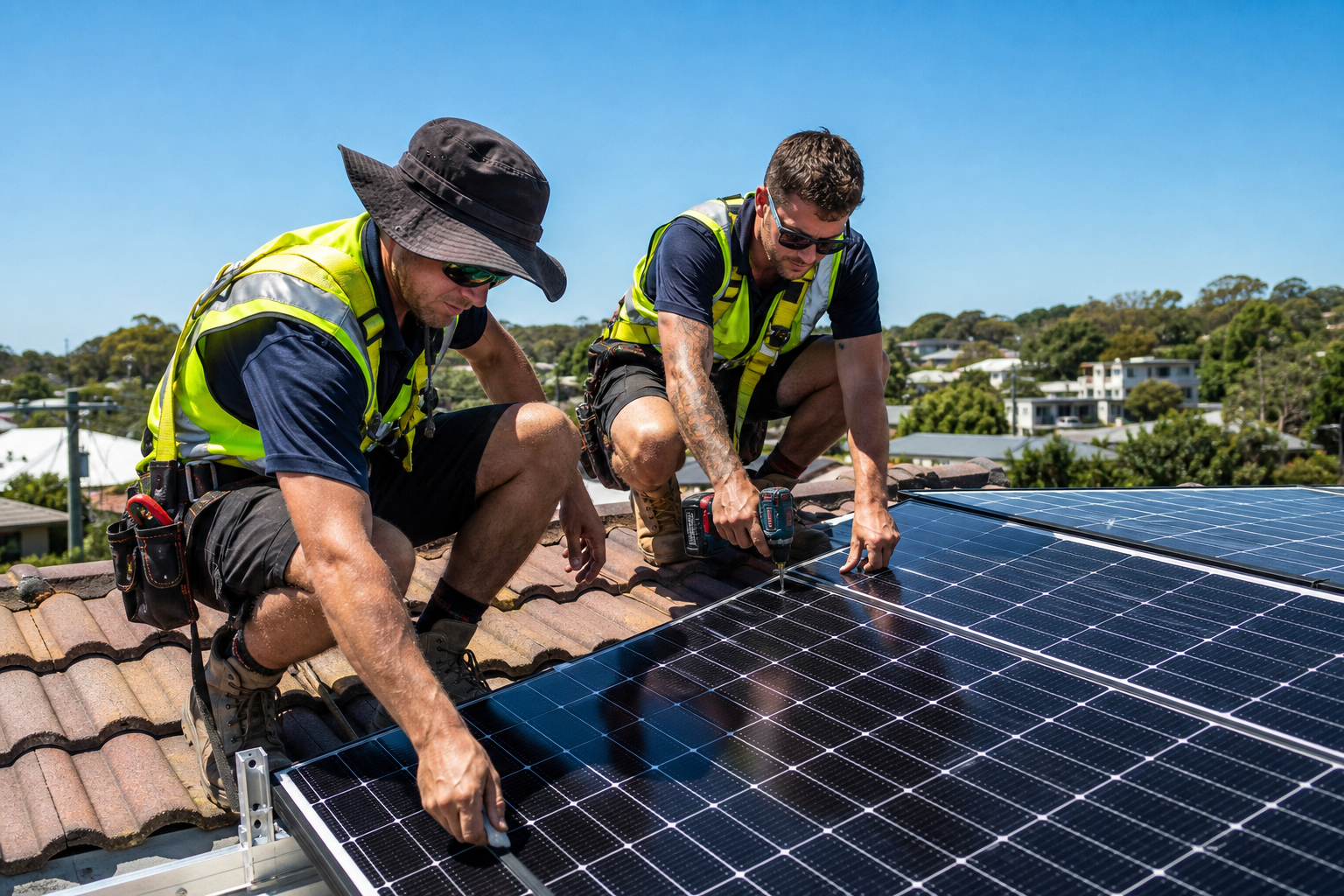 CEC-accredited solar installers mounting rooftop solar panels on Sydney suburban home