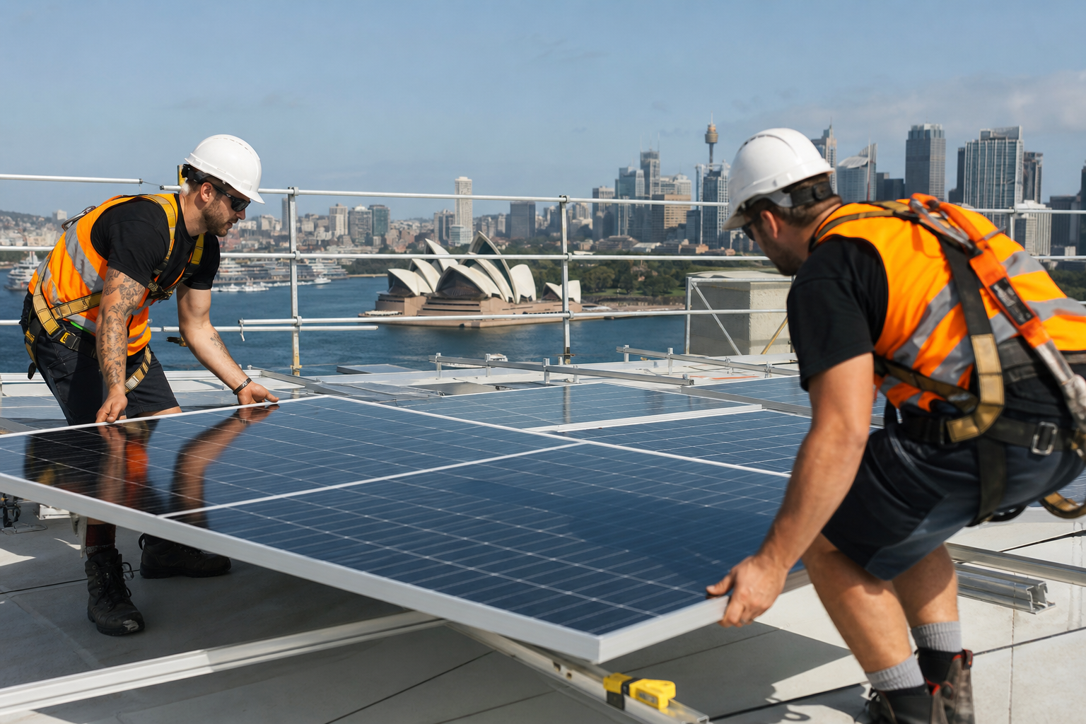 Solar installers working on commercial rooftop in Sydney