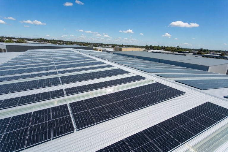Commercial solar panel installation on a warehouse rooftop in Liverpool Western Sydney