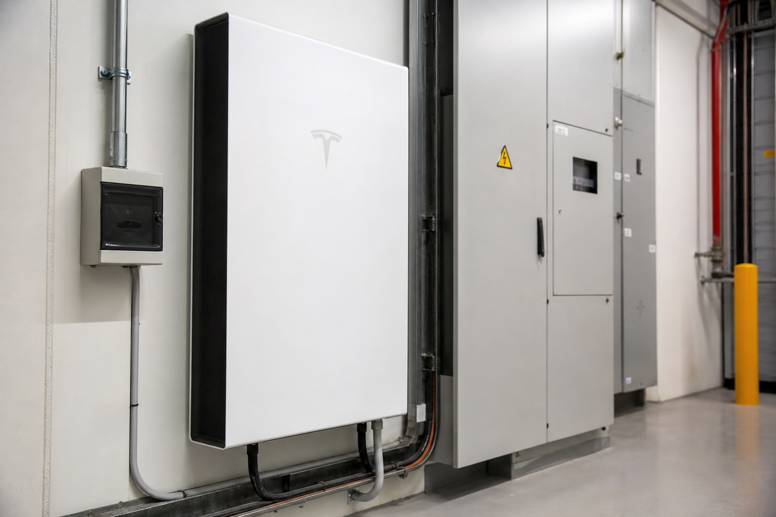 Commercial solar battery storage system installed in a warehouse electrical plant room
