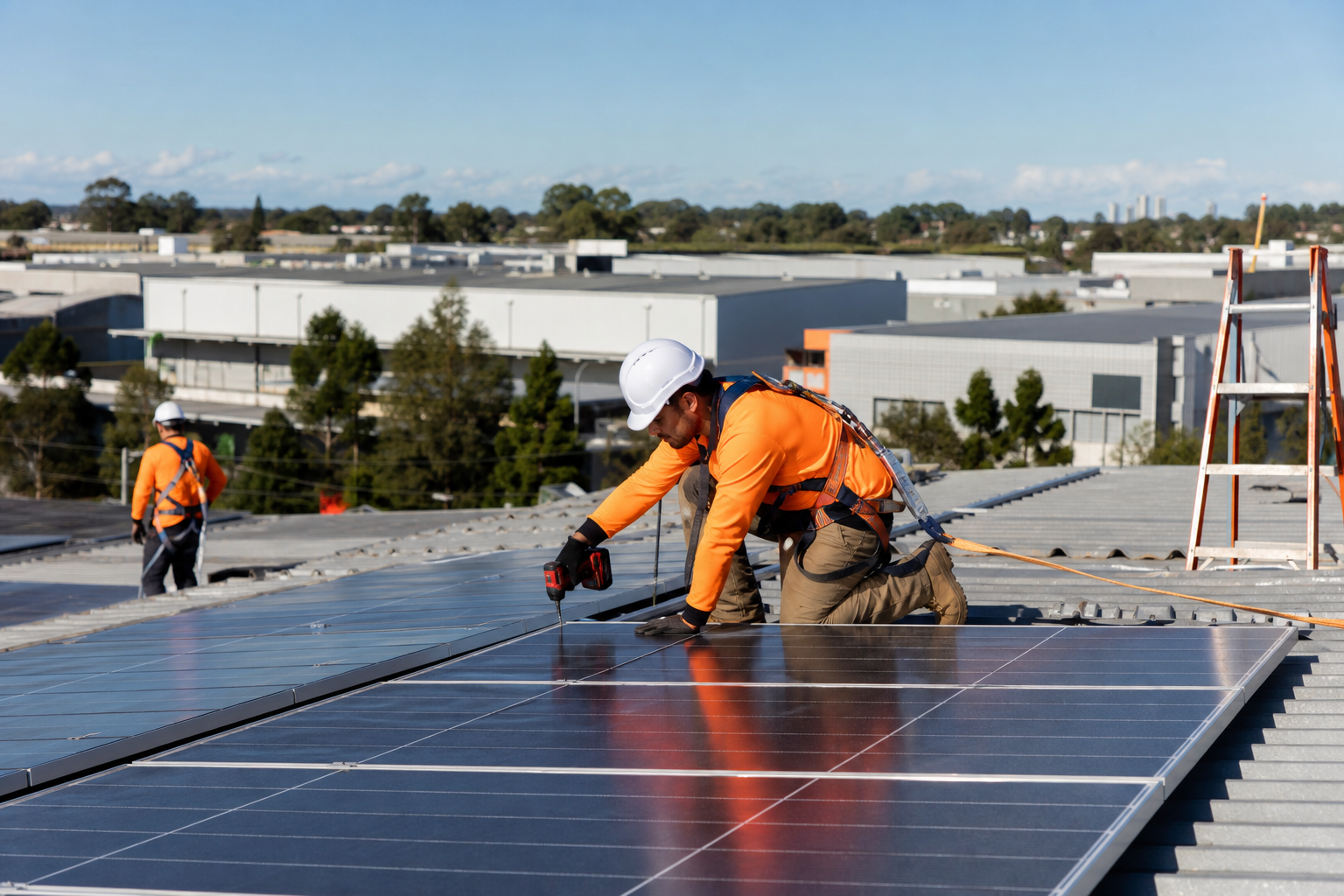 Solar installers fitting panels on a commercial warehouse roof in Liverpool NSW