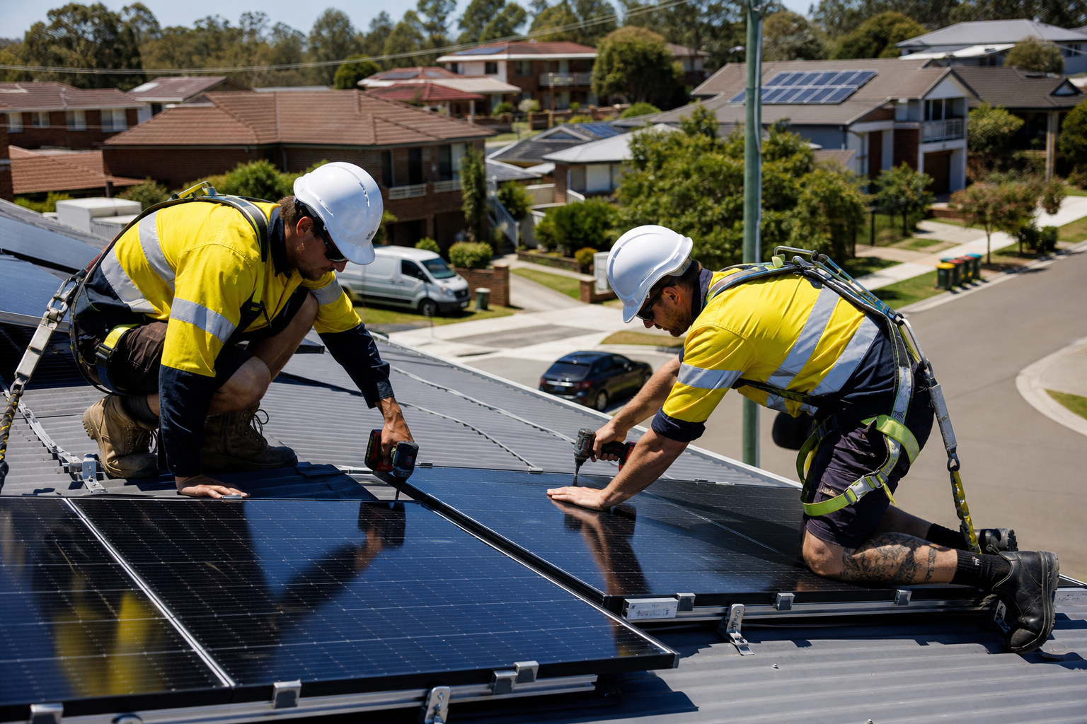 CEC-accredited solar installers fitting panels on a Western Sydney rooftop