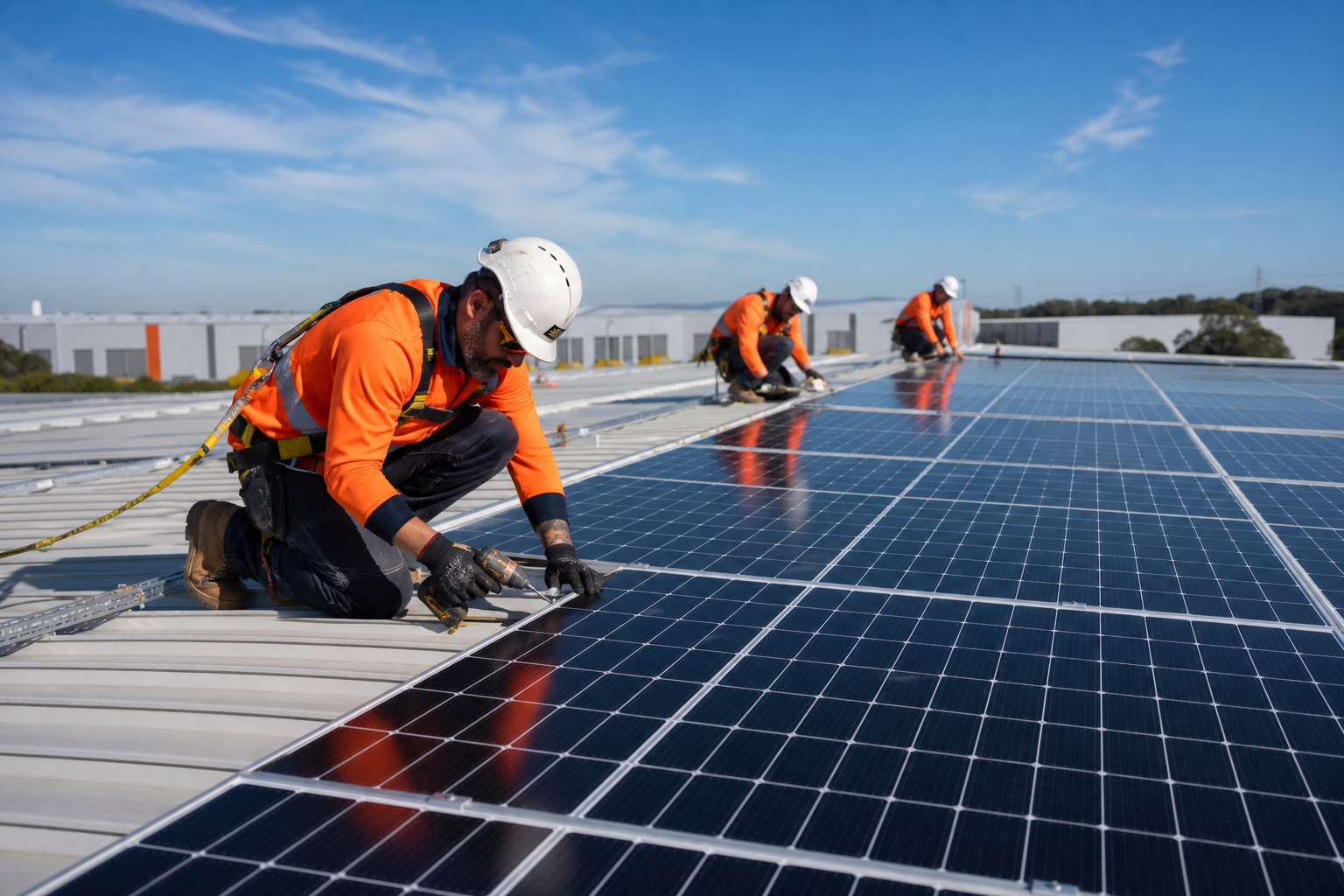 Solar installers mounting panels on a warehouse rooftop in Western Sydney