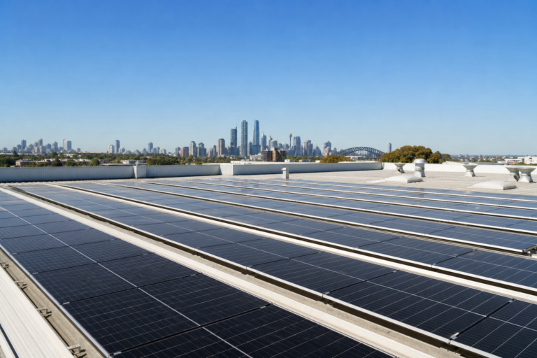 Commercial solar panel installation on a Sydney warehouse rooftop with city skyline in the background