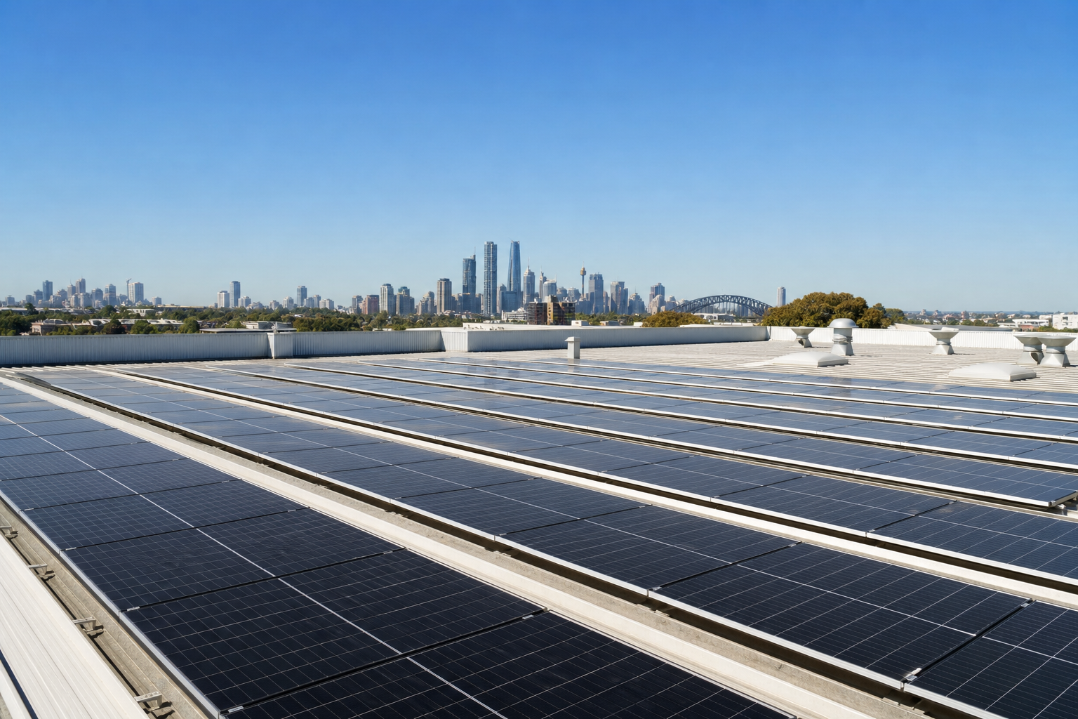 Commercial solar panel installation on a Sydney warehouse rooftop with city skyline in the background