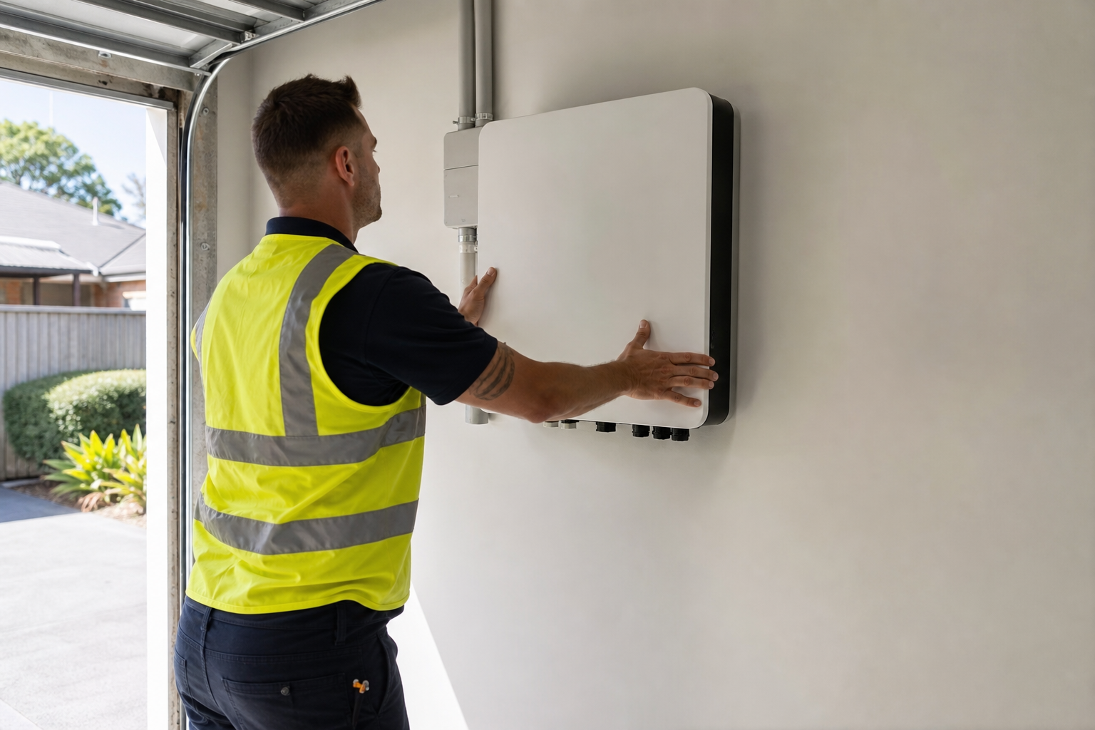 Licensed electrician installing a wall-mounted solar battery unit in a Sydney residential garage
